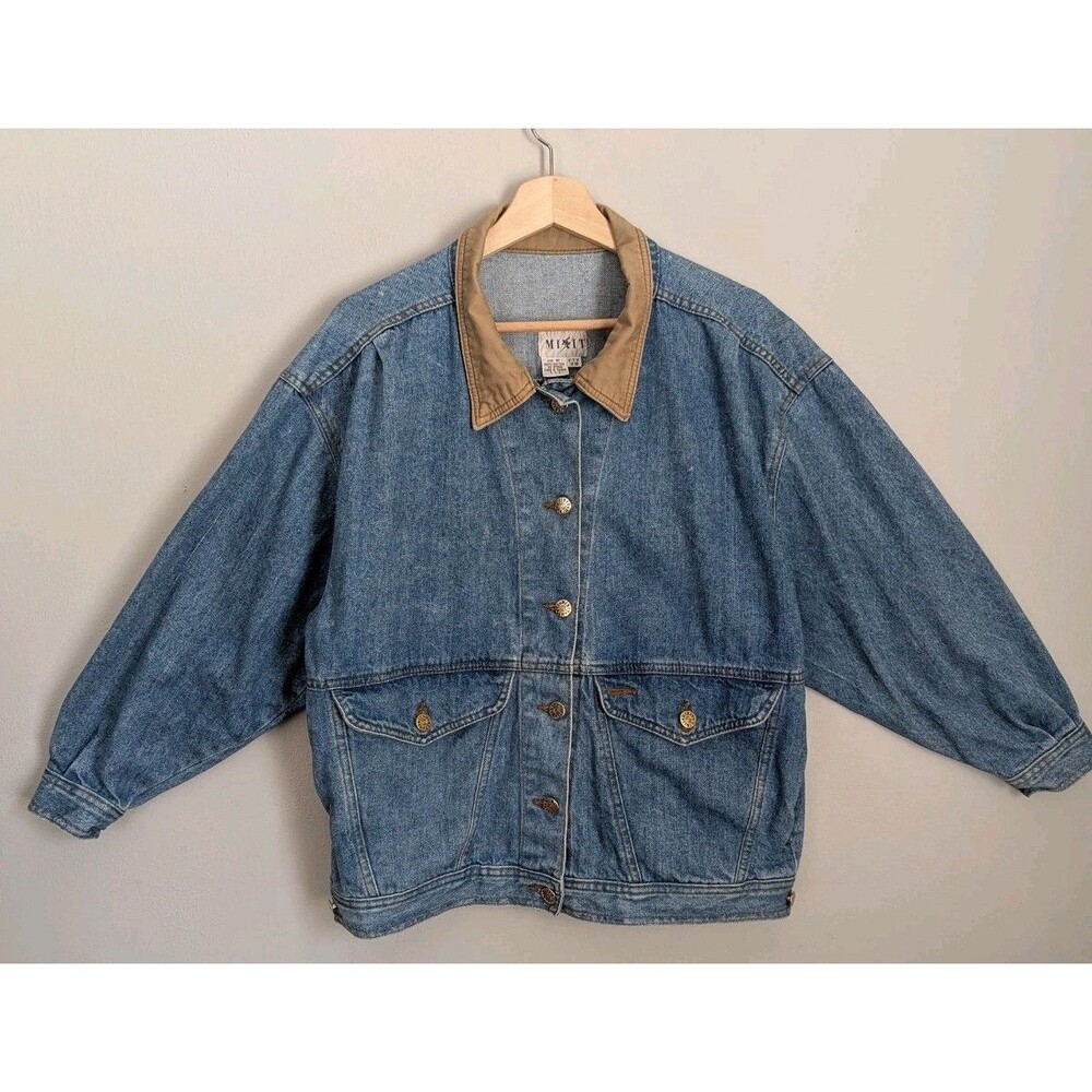 Vintage 90s Womens Denim Jean Jacket Bomber Wear Fade Button Up Dolman Slv L XL